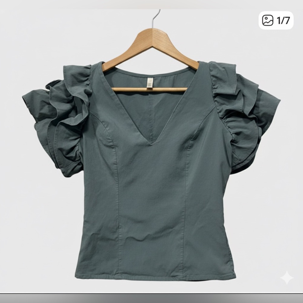 Ticket Sea Green Ruffle Short Sleeve V-Neck Top Size Small